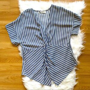 Moon Drops Top Short Sleeve Striped Front Knot Blue Size Small